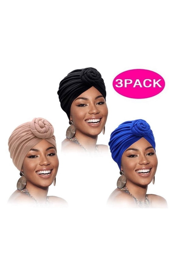 African Head Wrap Headbands for Women Turbans Hair Wraps Pre-Tied Pattern Bonnet Turban Knot Beanie Cover Hat 3 Pcs