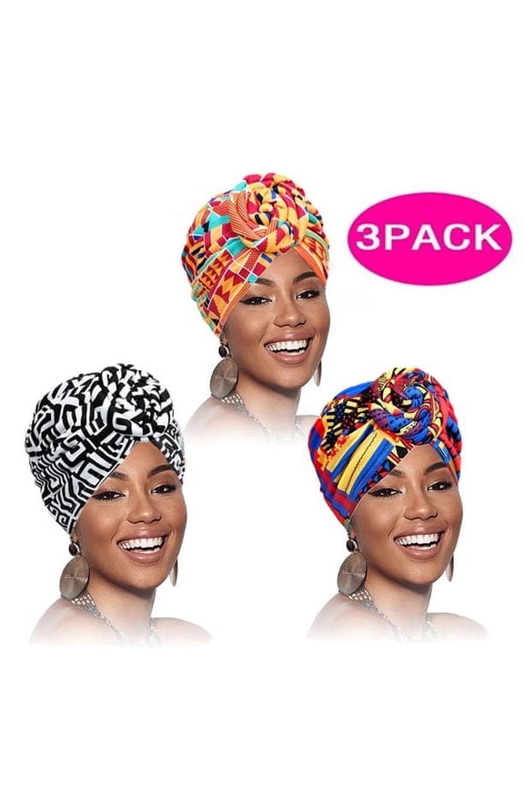 African Head Wrap Headbands for Women Turbans Hair Wraps Pre-Tied Pattern Bonnet Turban Knot Beanie Cover Hat 3 Pcs