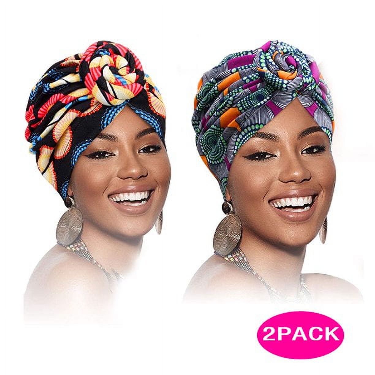 African Head wrap Headbands for Women Turbans Hair Wraps Headband Pre-Tied Pattern Bonnet Turban Knot Beanie Cover Head wrap Hat 2 PCS - image 1 of 6