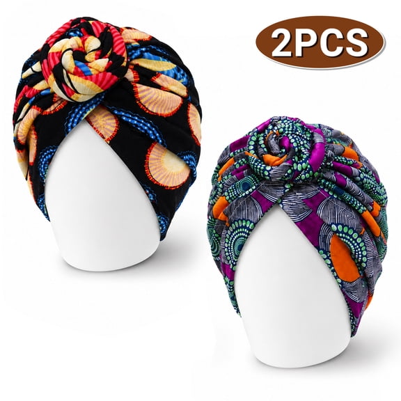 African Head wrap Headbands for Women Turbans Hair Wraps Headband Pre-Tied Pattern Bonnet Turban Knot Beanie Cover Head wrap Hat 2 PCS