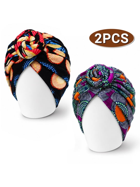 African Head wrap Headbands for Women Turbans Hair Wraps Headband Pre-Tied Pattern Bonnet Turban Knot Beanie Cover Head wrap Hat 2 PCS