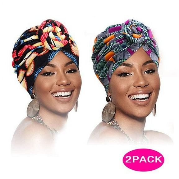 African Head wrap Headbands for Women Turbans Hair Wraps Headband Pre-Tied Pattern Bonnet Turban Knot Beanie Cover Head wrap Hat 2 PCS