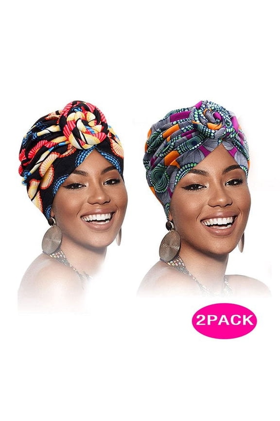 African Head wrap Headbands for Women Turbans Hair Wraps Headband Pre-Tied Pattern Bonnet Turban Knot Beanie Cover Head wrap Hat 2 PCS