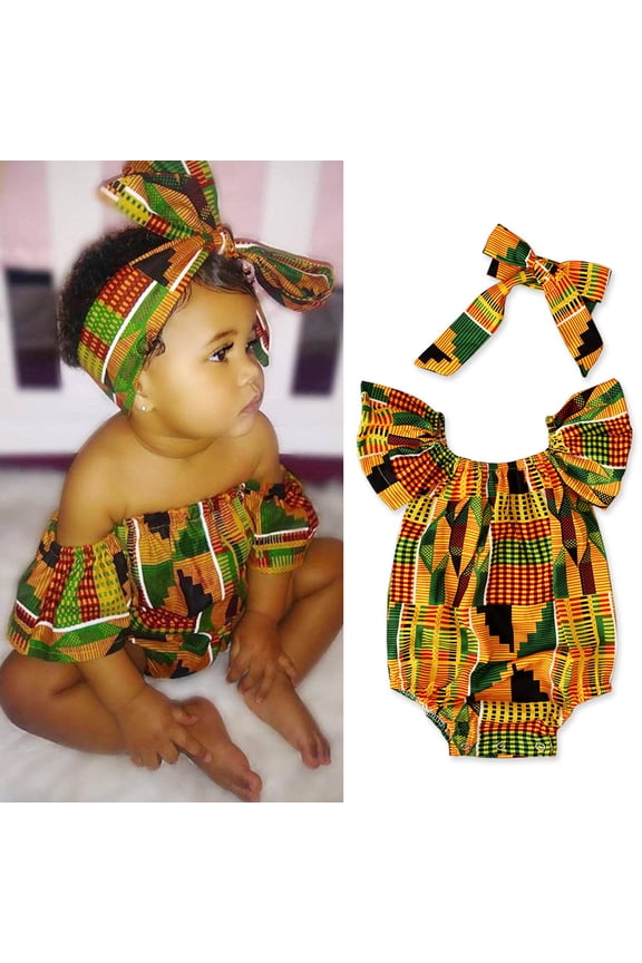 African Infant Off Shoulder Bodysuits Ruffle Sleeve Printed Outfits With Hairband Summer Spring Fall Daily Streetwear Dresses For Girls,Yellow,70