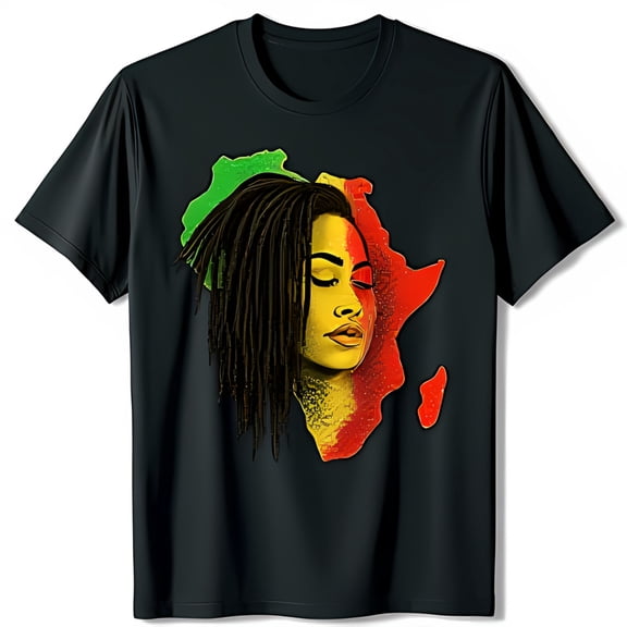 African Inspired Black T-Shirt with Bold Graphic of Woman and Dreadlocks