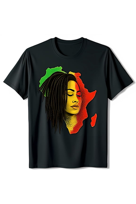 African Inspired Black T-Shirt with Bold Graphic of Woman and Dreadlocks
