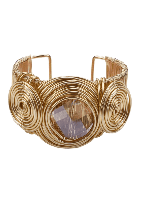 African Inspired Chunky Gold Wire Cuff Bracelet, Handmade Spiral Design with Semi-Precious Stone for Women, Boho Tribal Statement Jewelry - Gold