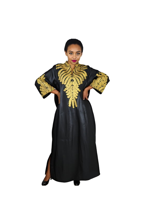 African Inspired Long Black Dress with Gold Embroidery Elegant Polycaftan for Weddings & Cultural Events