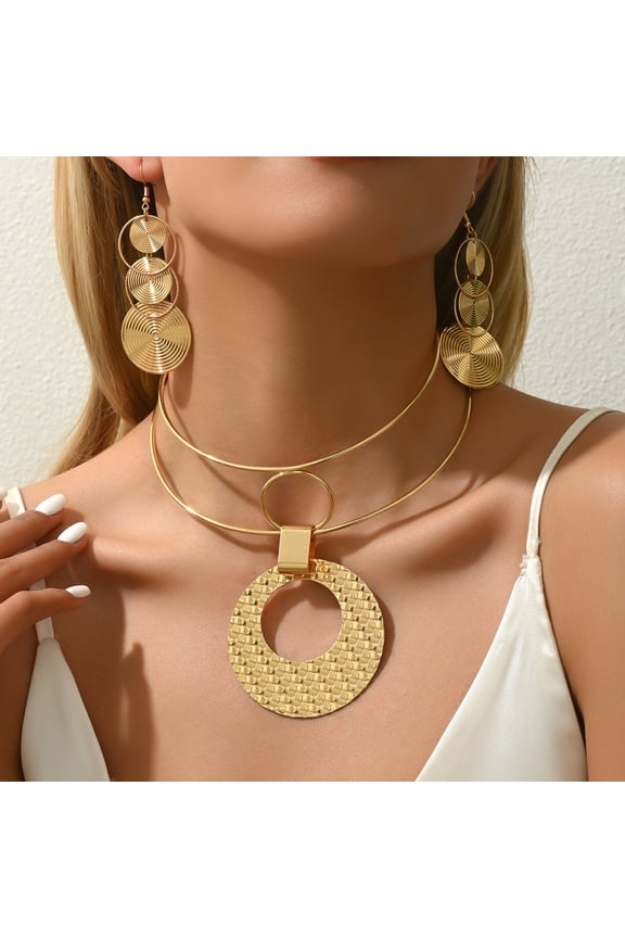 African Jewelry Sets for Women - Gold Bib Choker Collars Cuff Bracelet Geometric Earrings Necklace Set Punk Stylish Jewelry for Women
