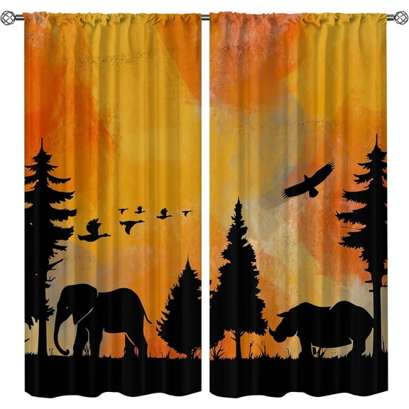 African Kenya Sunrise Blackout Curtains for Home Decor, Elephant Hippopotamus Swallow Silhouette Rod Pocket Thermal Insulated Drapes, Hotels Bathroom Soundproof Privacy Window Curtain-W42xL54in