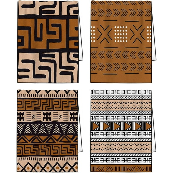 African Kitchen Dish Cloth Towels Set of 4,Mudcloth Pattern Soft Hand Towels for Kitchen Bathroom,Highly Absorbent Brown Tea Towels 26x18 Inch