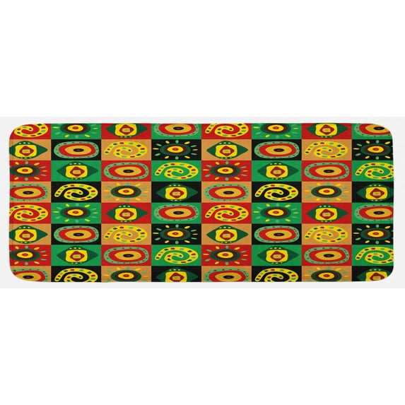 African Kitchen Mat, Abstract Design with Trippy Shapes Culture Hieroglyph Print, Plush Decorative Kitchen Mat with Non Slip Backing, 47" X 19", Multicolor, by Ambesonne