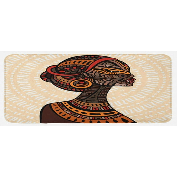 African Kitchen Mat, Hand Drawn Illustration Profile Portrait Ornaments Folk Art, Plush Decorative Kitchen Mat with Non Slip Backing, 47" X 19", Cream Brown