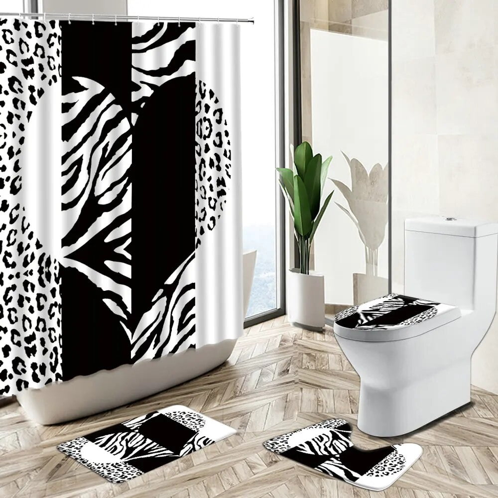 African Leopard Shower Curtain Set Love Geometric Stripes Flower Design