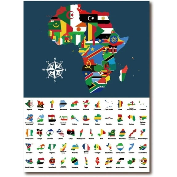 African Map and Flag Collection Canvas Poster, Educational Canvas Painting Wall Art Picture Print for Bedroom Decor 12x16 inch Unframed