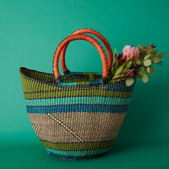 African Market Basket, Boho Style, 16 Inch Wide (BlueGreen)