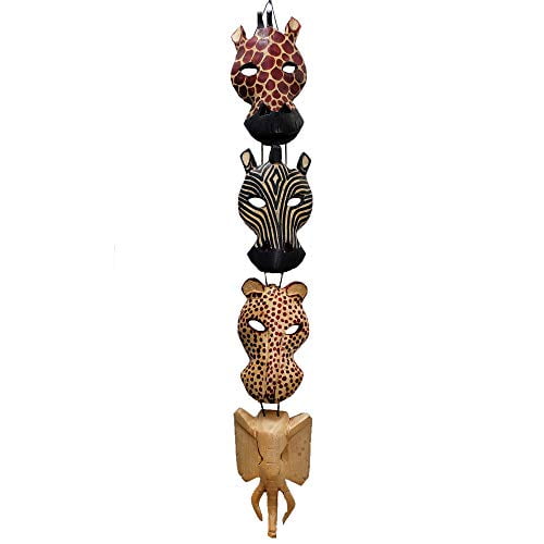 African Masks Wall Hanging Art Hand Carving Safari Dcor Wall Head Sculpture Wild Animal Faces Strung Together For A Majestic Display (4A Face)
