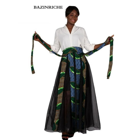 African Maxi Skirt Women Black Chiffon Patchwork Full Length High Waist African Clothing for Women WY10092