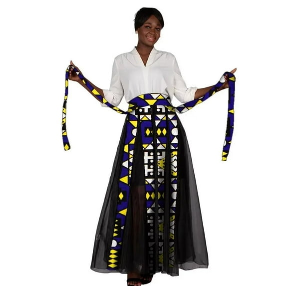 African Maxi Skirt Women Black Chiffon Patchwork Full Length High Waist African Clothing for Women WY10092