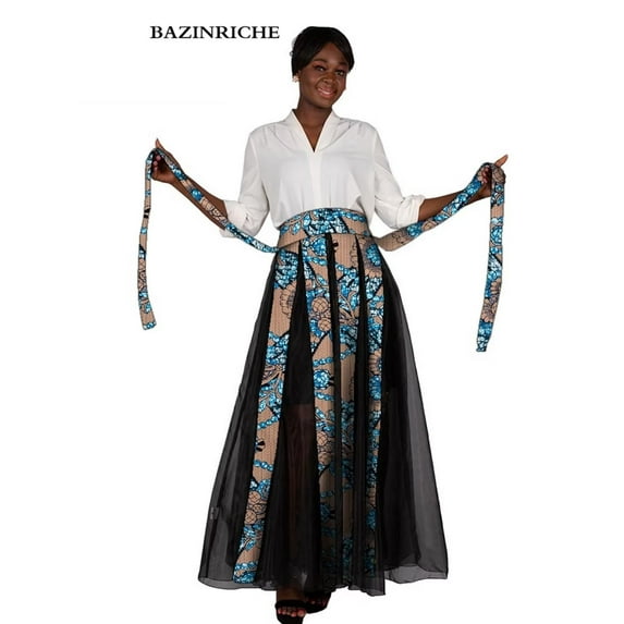 African Maxi Skirt Women Black Chiffon Patchwork Full Length High Waist African Clothing for Women WY10092