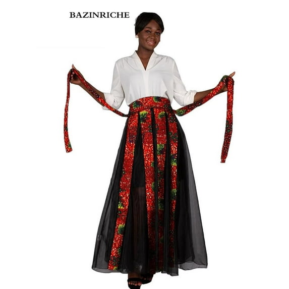 African Maxi Skirt Women Black Chiffon Patchwork Full Length High Waist African Clothing for Women WY10092