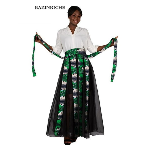 African Maxi Skirt Women Black Chiffon Patchwork Full Length High Waist African Clothing for Women WY10092