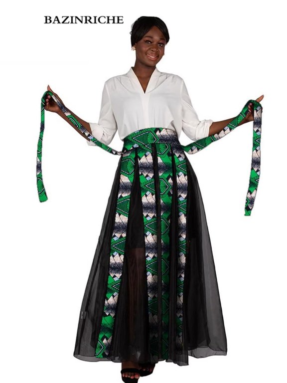 African Maxi Skirt Women Black Chiffon Patchwork Full Length High Waist African Clothing for Women WY10092
