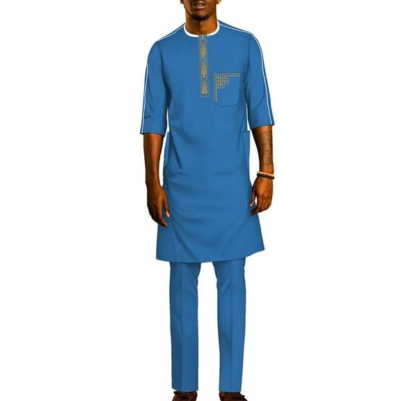 African Men Clothing Ankara Outfit Embroidery Traditional Half sleeve Shirt Pant Suit 2 Piece Sets Ankara Attire for Men WYN1961