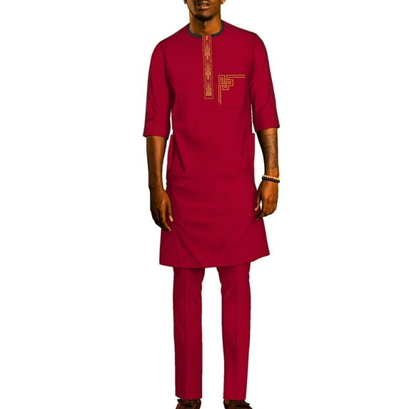 African Men Clothing Ankara Outfit Embroidery Traditional Half sleeve Shirt Pant Suit 2 Piece Sets Ankara Attire for Men WYN1961