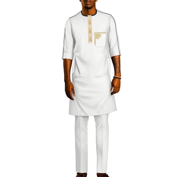 African Men Clothing Ankara Outfit Embroidery Traditional Half sleeve Shirt Pant Suit 2 Piece Sets Ankara Attire for Men WYN1961