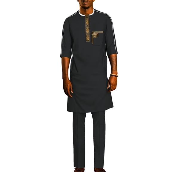 African Men Clothing Ankara Outfit Embroidery Traditional Half sleeve Shirt Pant Suit 2 Piece Sets Ankara Attire for Men WYN1961