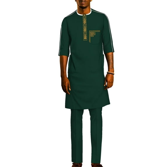 African Men Clothing Ankara Outfit Embroidery Traditional Half sleeve Shirt Pant Suit 2 Piece Sets Ankara Attire for Men WYN1961