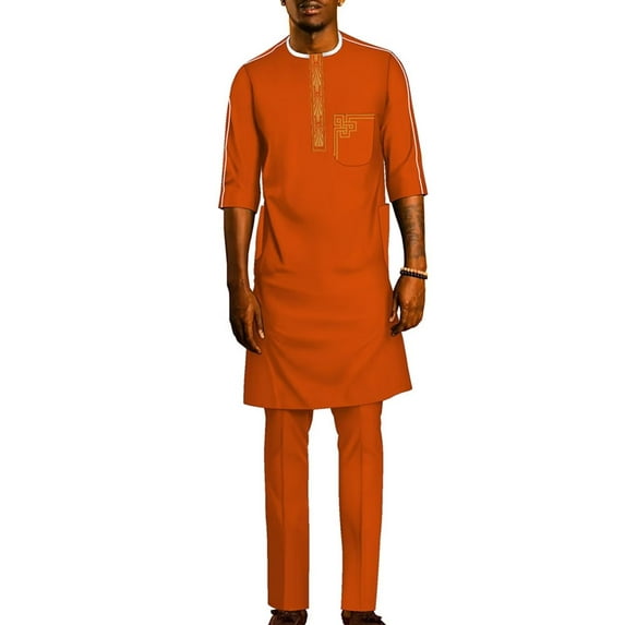 African Men Clothing Ankara Outfit Embroidery Traditional Half sleeve Shirt Pant Suit 2 Piece Sets Ankara Attire for Men WYN1961