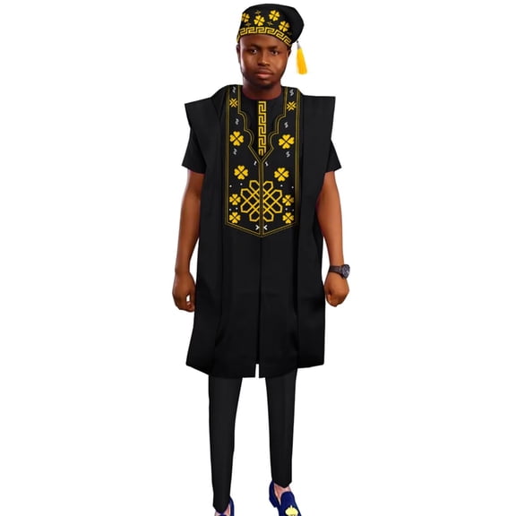 African Men Clothing Dashiki 4pcs Embroidered Robes Shirts and Pant Set with Hat Patchwork Party Wedding Outfit Wyn2026