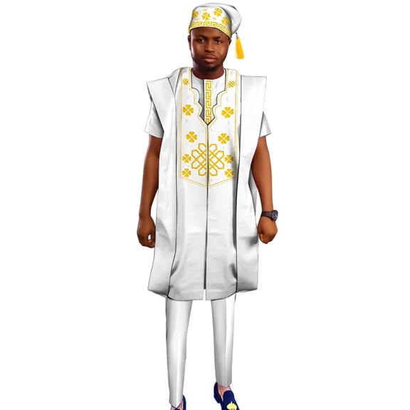 African Men Clothing Dashiki 4pcs Embroidered Robes Shirts and Pant Set with Hat Patchwork Party Wedding Outfit Wyn2026