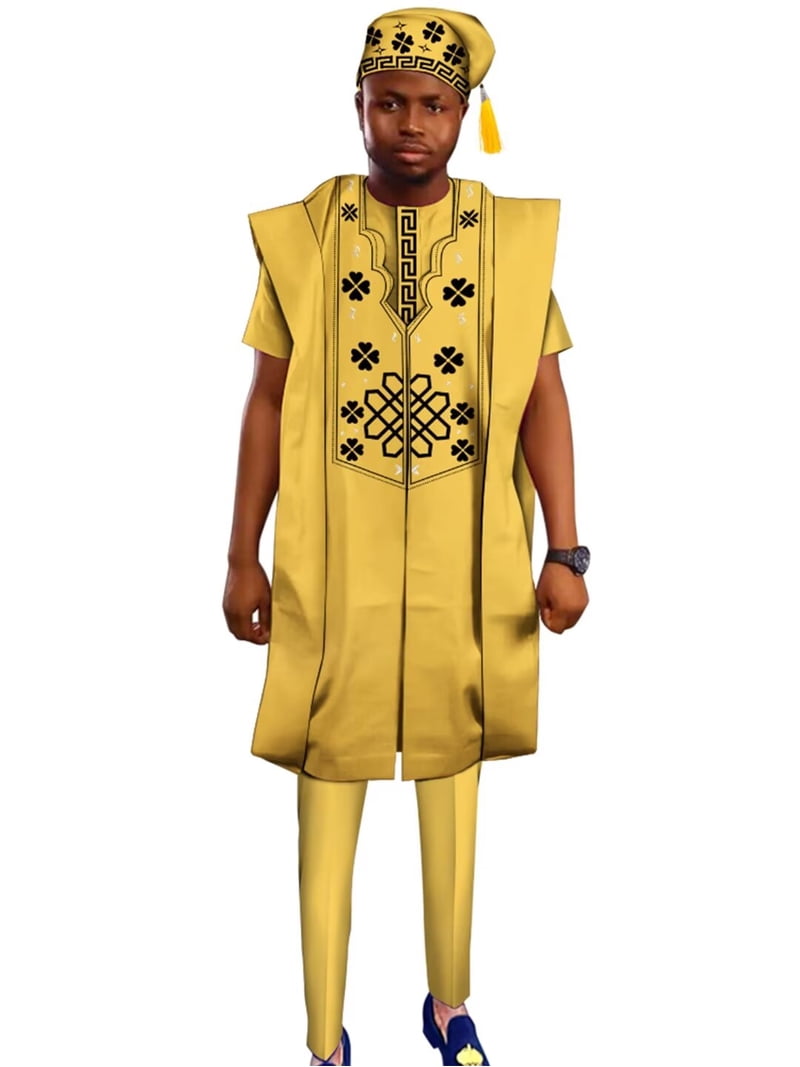 african male dress designs BAZINRICHE African Men Clothing Dashiki 4pcs Embroidered Robes Shirts and Pant Set with Hat Patchwork Party Wedding Outfit Wyn2026, Men's, Size: 4XL