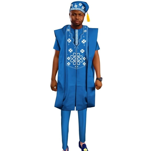African Men Clothing Dashiki 4pcs Embroidered Robes Shirts and Pant Set with Hat Patchwork Party Wedding Outfit Wyn2026
