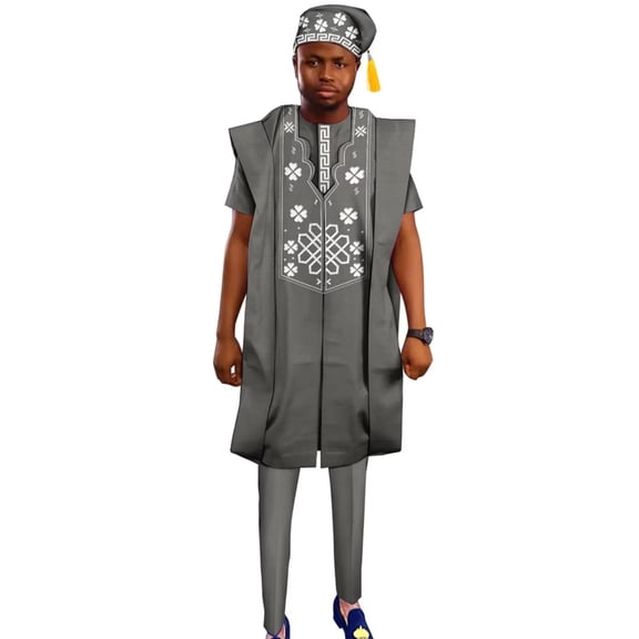 African Men Clothing Dashiki 4pcs Embroidered Robes Shirts and Pant Set with Hat Patchwork Party Wedding Outfit Wyn2026