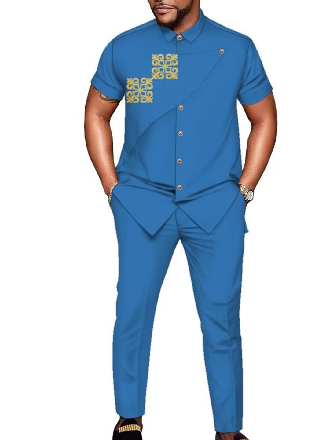 African Dashiki Outfit Set - Men's Short Sleeve Shirt & Ankara Pants Tracksuit With Pockets
