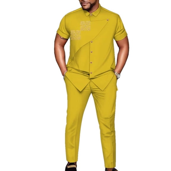 African Men Clothing Fit Dashiki Short Sleeve Shirt Pants 2 Piece Sets Embroidery Outfits Traditional African Suits for Men WYN1909