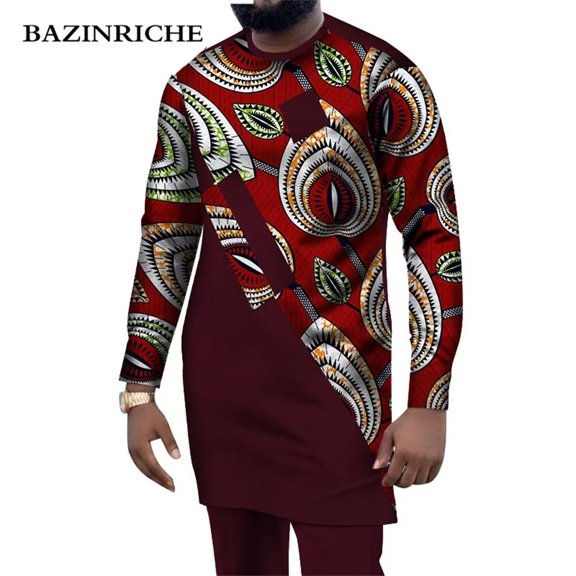 African Men Suits Dashiki Clothing Print Tops Pants set with Pockets Ankara Outfit Blouse Trousers Suits WYN1004