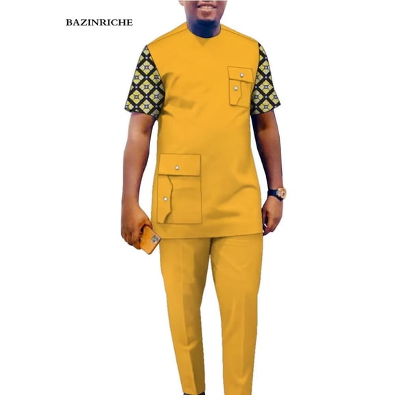African Men's 2 Piece Set Dashiki Suits Short Sleeve Shirt and Trousers with Pocket WYN1577