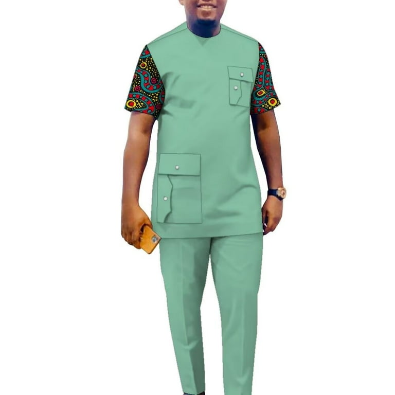 African Men s 2 Piece Set Dashiki Suits Short Sleeve Shirt and Trousers with Pocket WYN1577