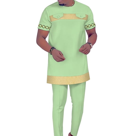 African Men‘s Clothing Dashiki Outfit Embroidery Shirt and Pants Short Sleeves Set Ankara Attire for Men WYN1951