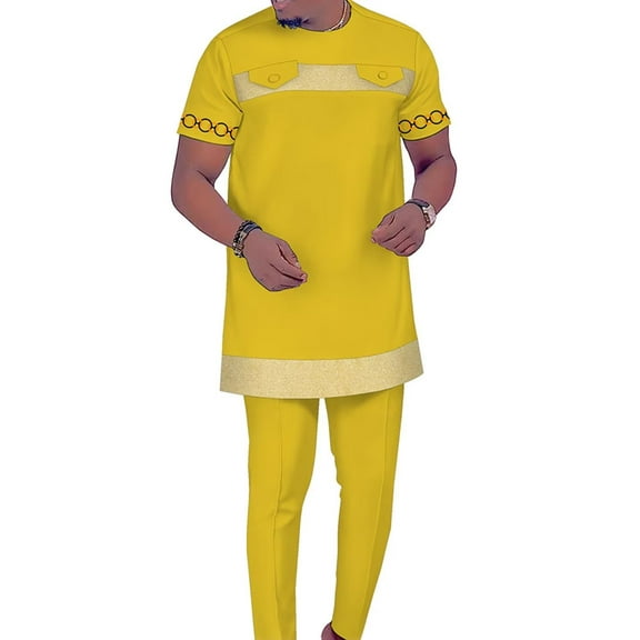 African Men‘s Clothing Dashiki Outfit Embroidery Shirt and Pants Short Sleeves Set Ankara Attire for Men WYN1951