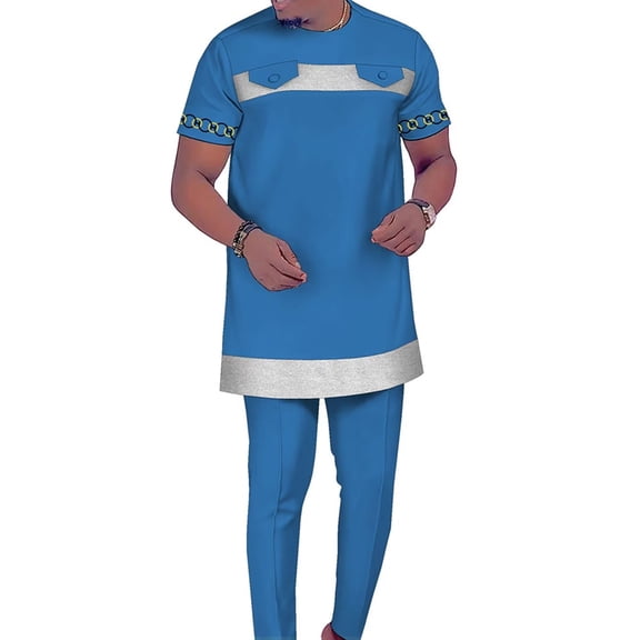 African Men‘s Clothing Dashiki Outfit Embroidery Shirt and Pants Short Sleeves Set Ankara Attire for Men WYN1951