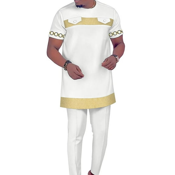African Men‘s Clothing Dashiki Outfit Embroidery Shirt and Pants Short Sleeves Set Ankara Attire for Men WYN1951