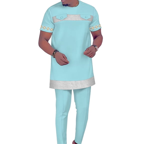 African Men‘s Clothing Dashiki Outfit Embroidery Shirt and Pants Short Sleeves Set Ankara Attire for Men WYN1951