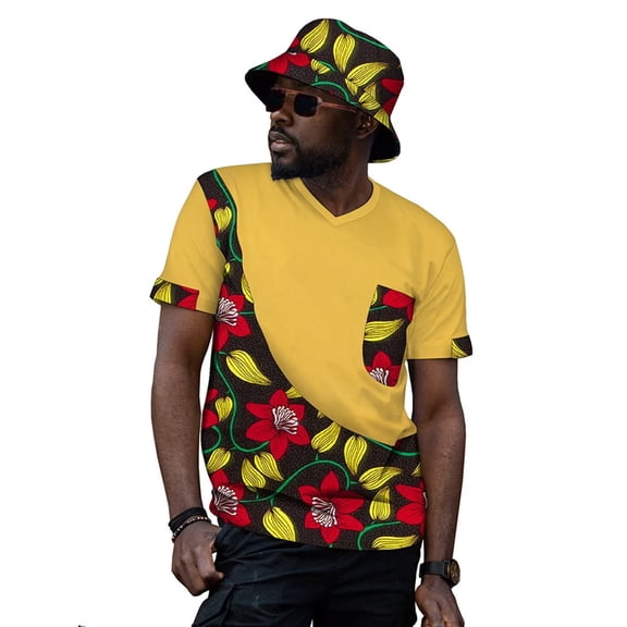 African Men‘s Clothing Dashiki V-Neck T Shirt Short Sleeve Tops and Bucket Hat 2Pcs Sets Ankara Attire for Men WYN1943