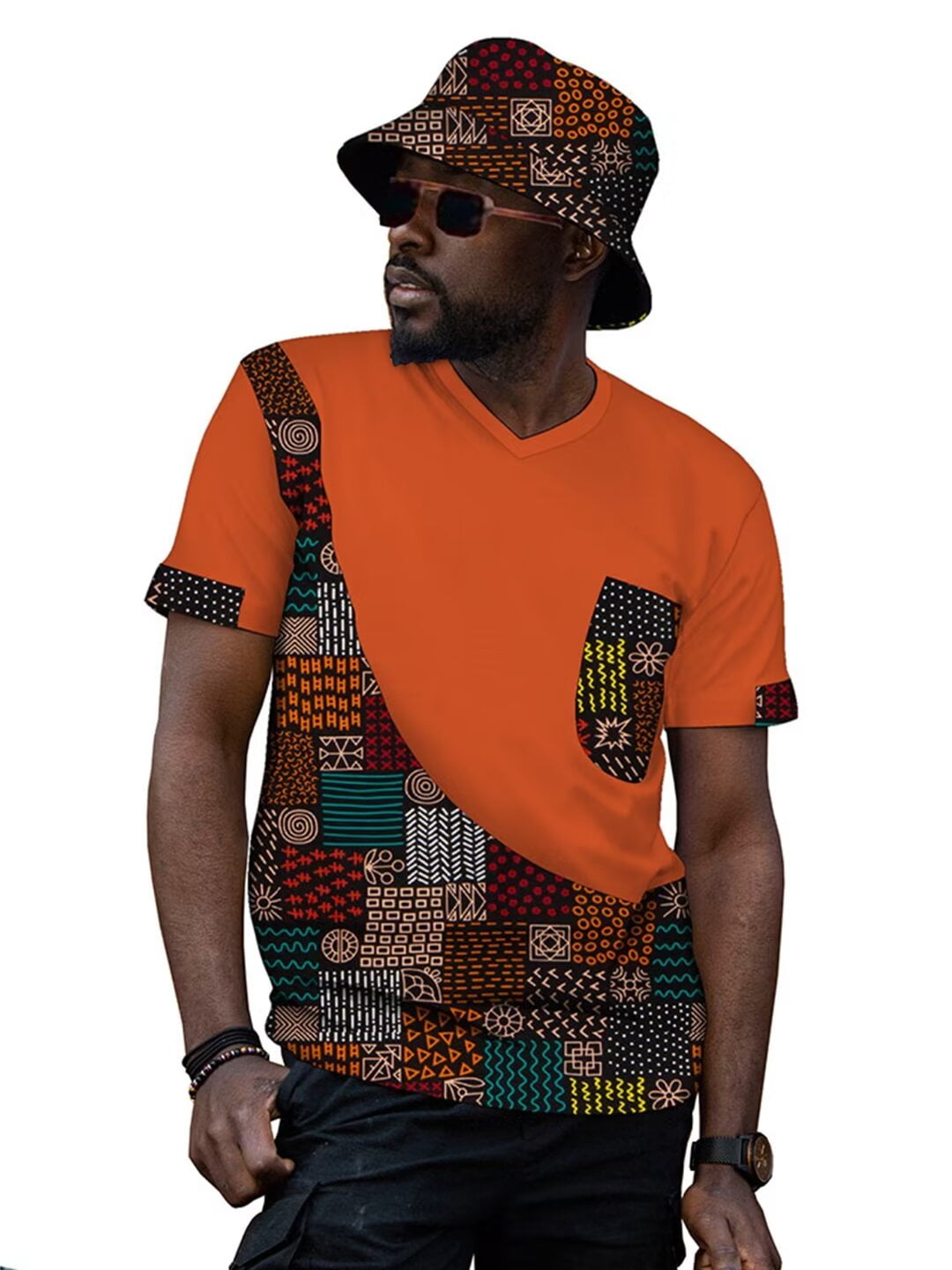 African Men s Clothing Dashiki V Neck T Shirt Short Sleeve Tops and Bucket Hat 2Pcs Sets Ankara Attire for Men WYN1943 Walmart